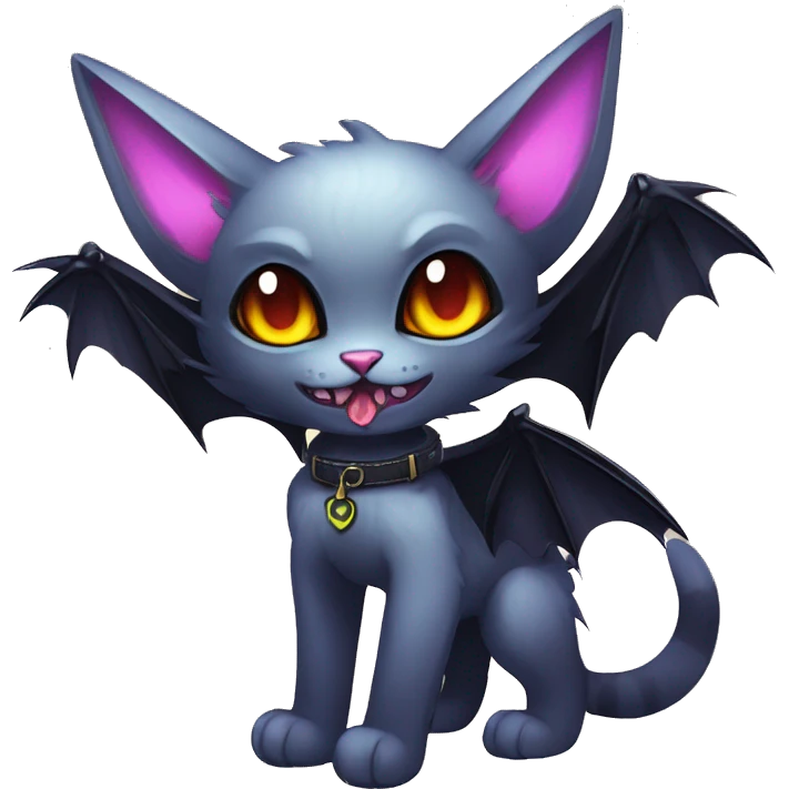   cool edgy kawaii ethereal dark-punk-themed animal vampiric cat-hybrid Fakemon with fangs and bat-wing-ears with a collar full body emoji