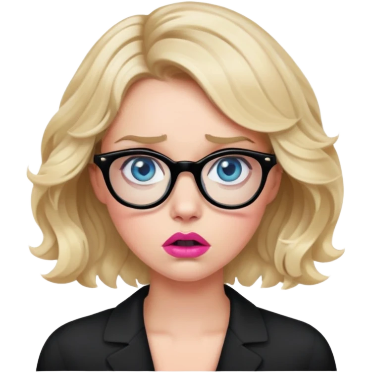 Blonde woman with short wavy hair, blue eyes and pink lips wearing black glasses looking really frightened  emoji
