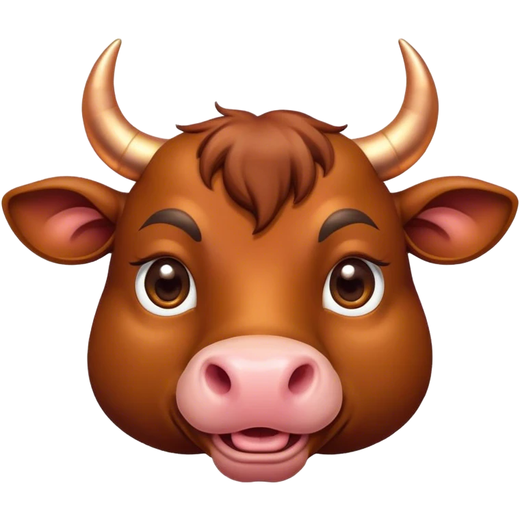 Cinematic Cute Domestic Bull Portrait Emoji, Head tilted playfully and inquisitively, with a sturdy, compact build and a smooth, polished coat of rich copper and brown hues accentuated by gently curved horns, round, sparkling eyes full of curious determination, Simplified yet irresistibly adorable features, highly detailed, glowing with a warm, friendly glow, high shine, affectionate and spirited, stylized with a touch of rustic charm, soft glowing outline, capturing the essence of a mischievous yet loving domestic bull that feels like it could trot out of the screen and into your arms! emoji
