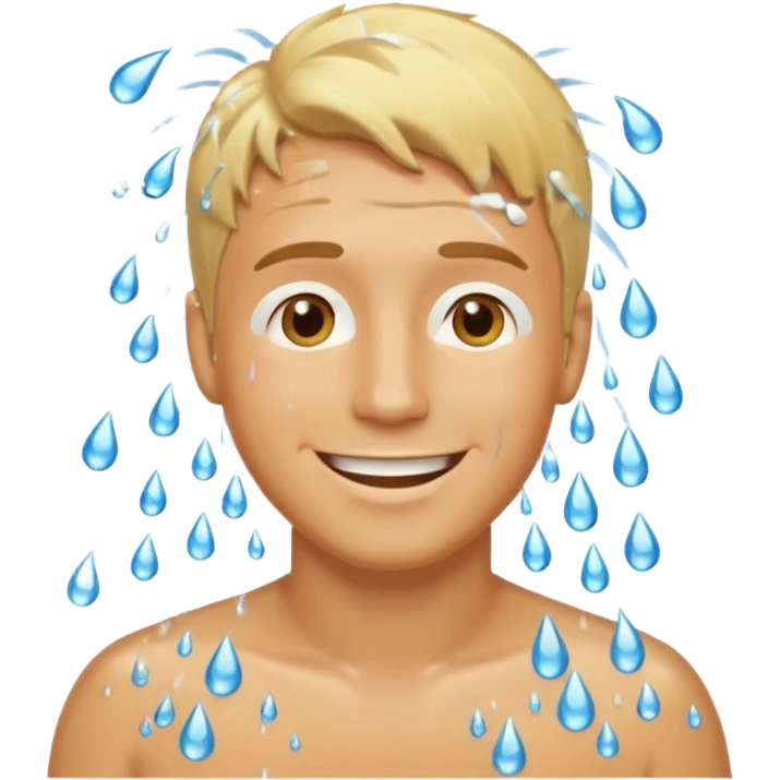 blonde man in a shower, smiling, water droplets, modest, emoji style emoji