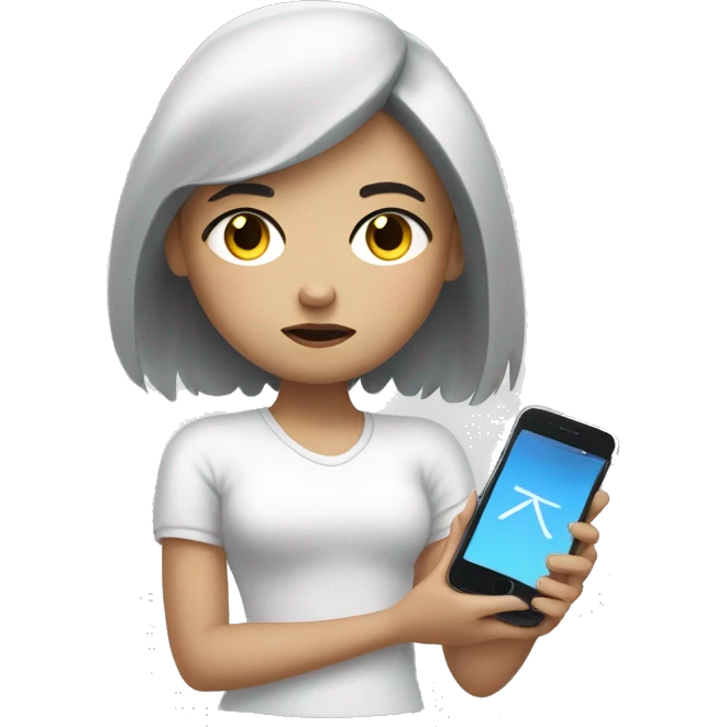A girl with white skin and dark hair, with a sad face, holding her phone in her hand and typing a message, a message cloud on the side of it emoji