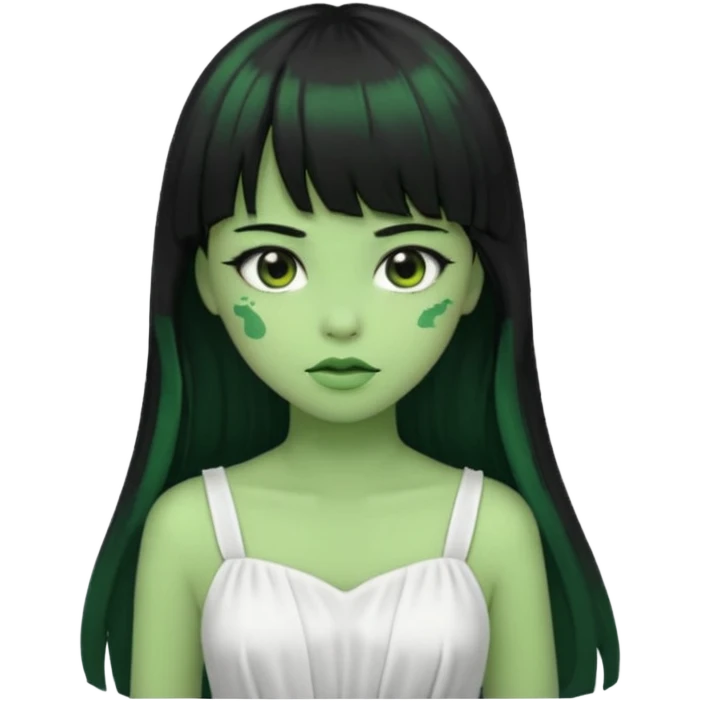 uma garota zumbi da pele verde com cabelo preto longo com franja e a roupa branca emoji