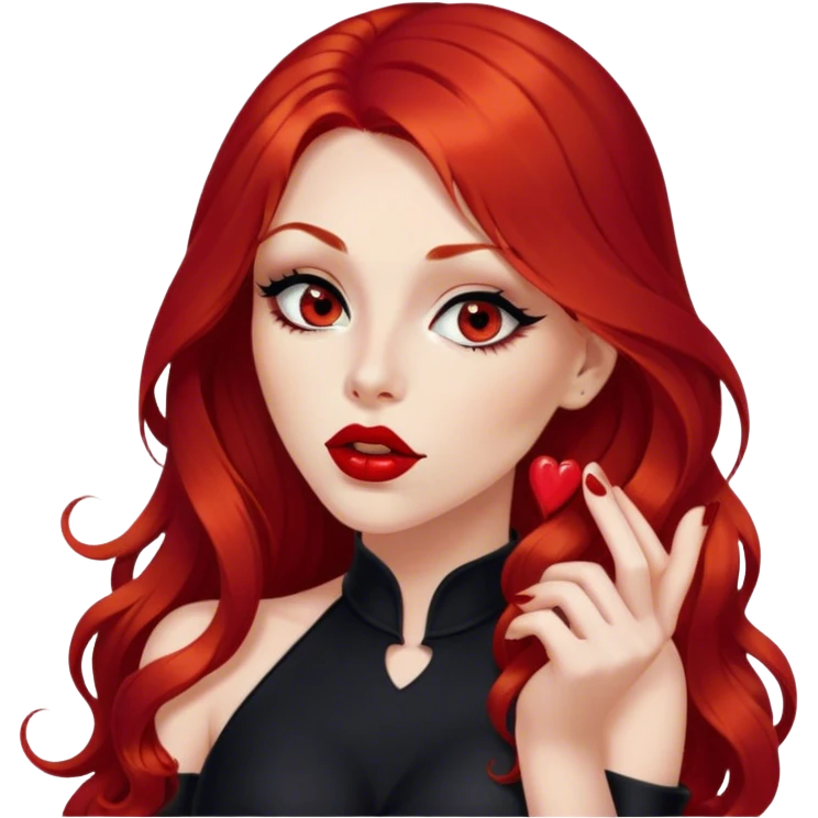 a pretty woman with long red hair and red eyes. The woman wear a black little cutted dress. She have red lipstick and she have a seductive look. She do a kiss. Very cute graphics emoji