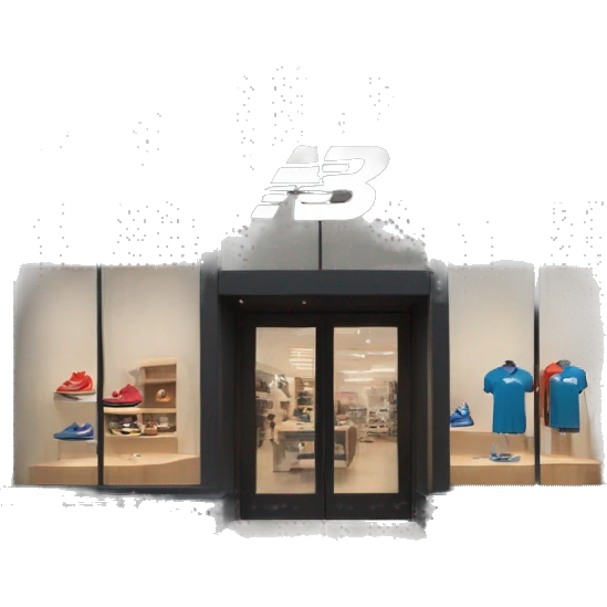 “New Balance store exterior with a clean, modern facade, the iconic ‘N’ logo, large windows showcasing athletic footwear, and a minimalist entrance.” emoji