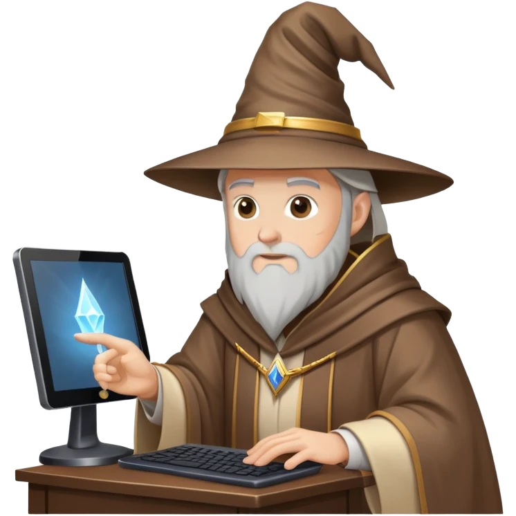 A wizard with a pointed hat and robe using a computer, tech wizard emoji
