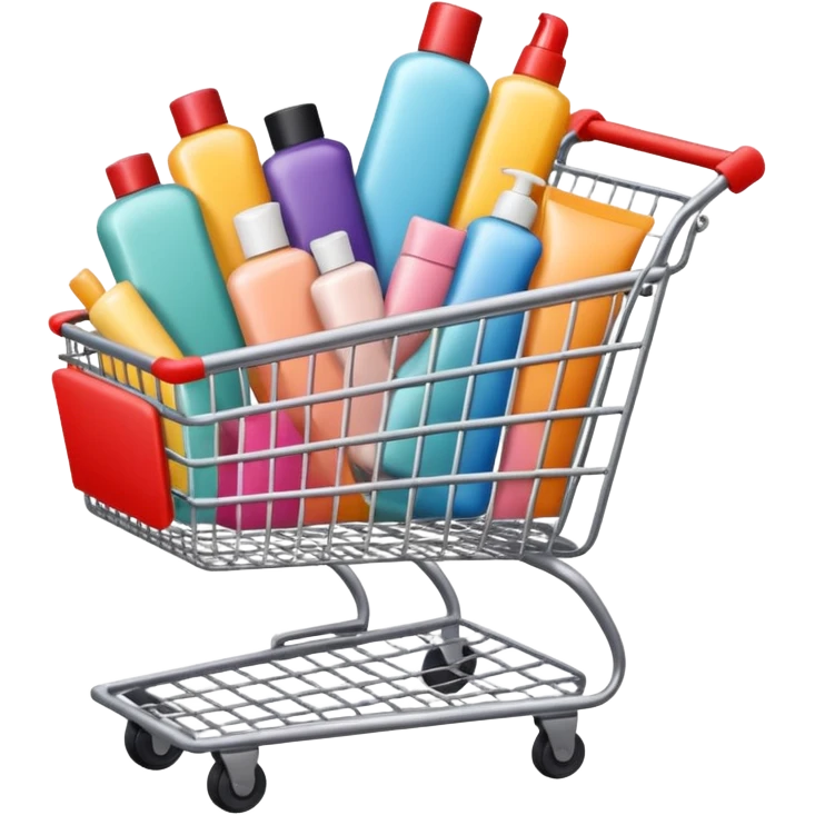 shopping cart full of brand-labeled beauty products emoji