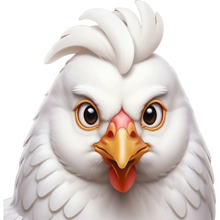 Cinematic Noble White Chicken Portrait Emoji, Poised and regal, with a compact, sturdy build and a pristine, well-groomed pure white plumage, deep-set soulful beady eyes, Simplified yet sharp and sophisticated features, highly detailed, glowing with a soft, dignified glow, high shine, intelligent and alert, stylized with an air of barnyard elegance, focused and attentive, soft glowing outline, capturing the essence of a watchful and confident fowl, so majestic it feels as though it could strut out of the screen with effortless authority! emoji