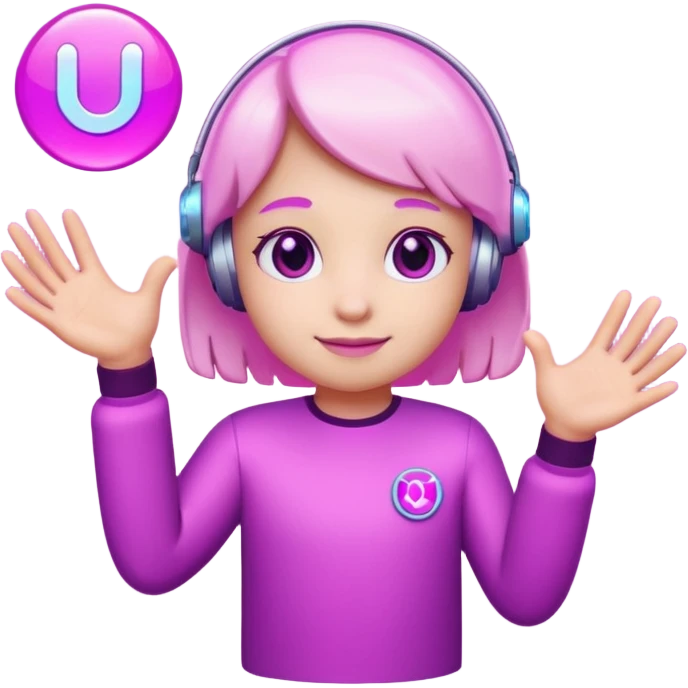 Friendly round AI mascot with a neon C badge, floating hologram in hands, purple-magenta glow. emoji