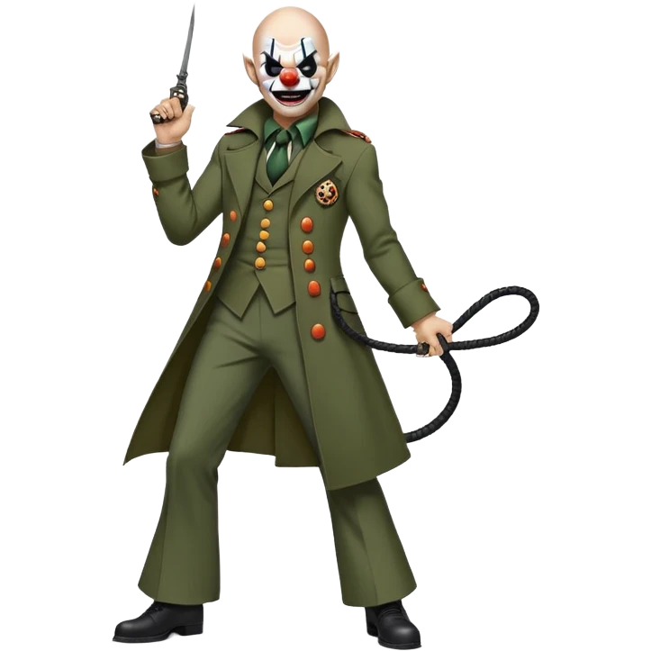 evil clown, bald, small black horns on forehead, fangs, pointed ears, eye patch over one eye, long coat over black and military green leisure suit with bellbottom pants, tail, holding a different style of whip, realistically proportioned, less bulky, full body, battle-ready, fighting posture emoji