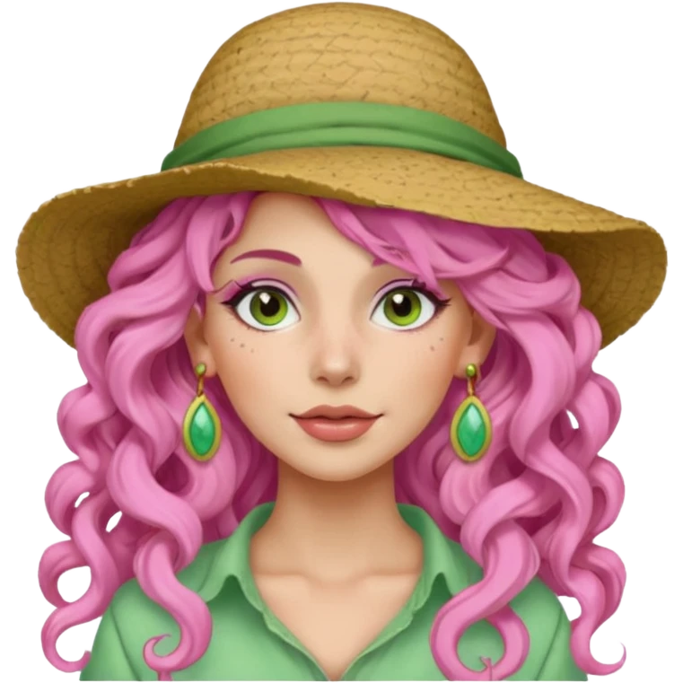 pink haired very long curly haired woman with full face light green clay mask  and big earrings and hat emoji