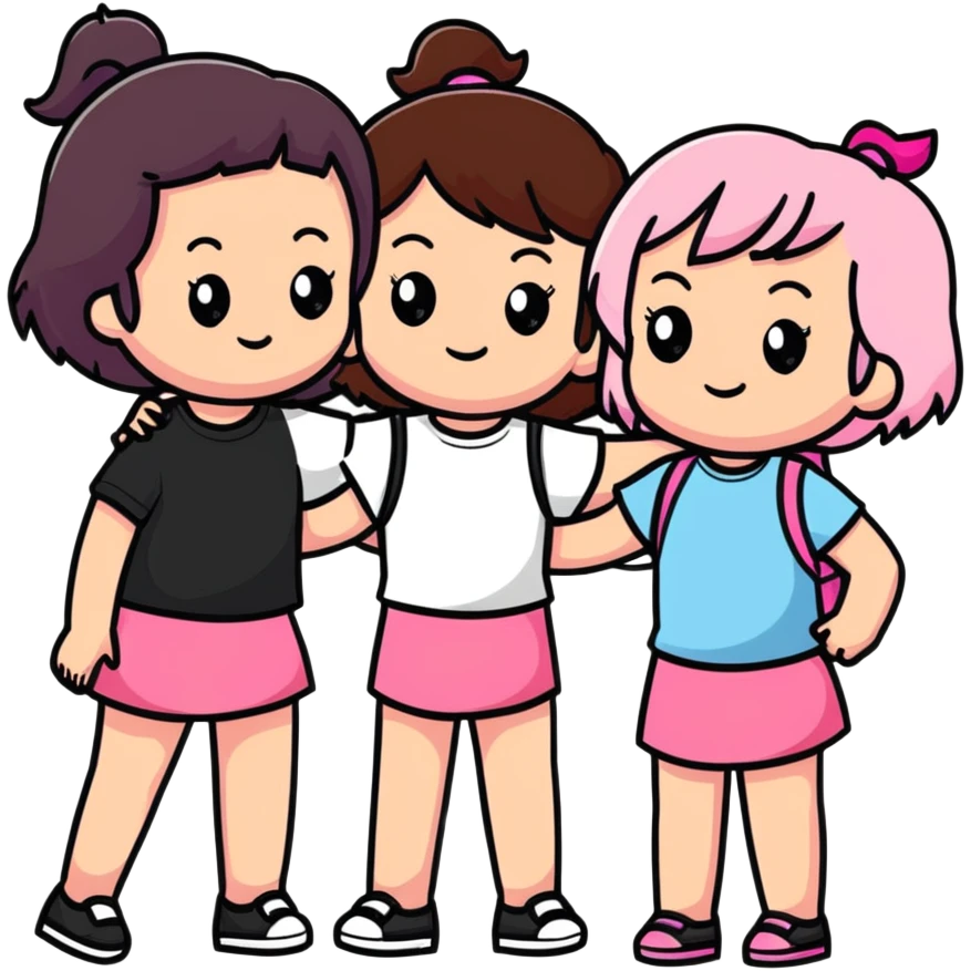 a black girl with dark brown hair next to a white girl with pink hair and a white girl with brown hair emoji