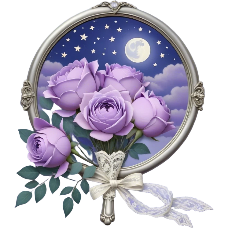 Under the soft light of a vintage brass lantern, a small bundle of lilac roses, indigo peonies, and delicate lavender sprigs is tied with a lace ribbon in a muted violet hue. Above, the sky is scattered with tiny silver stars, reflecting gently in the antique hand mirror with a moon-shaped handle beside the bouquet. emoji