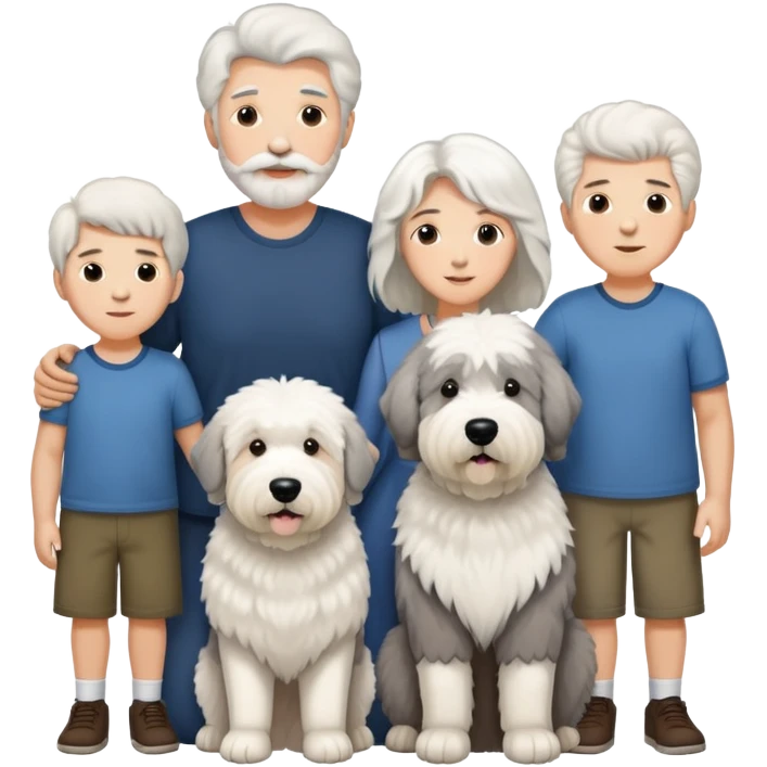 A family with mom, dad, three sons, and an Old English Sheepdog emoji
