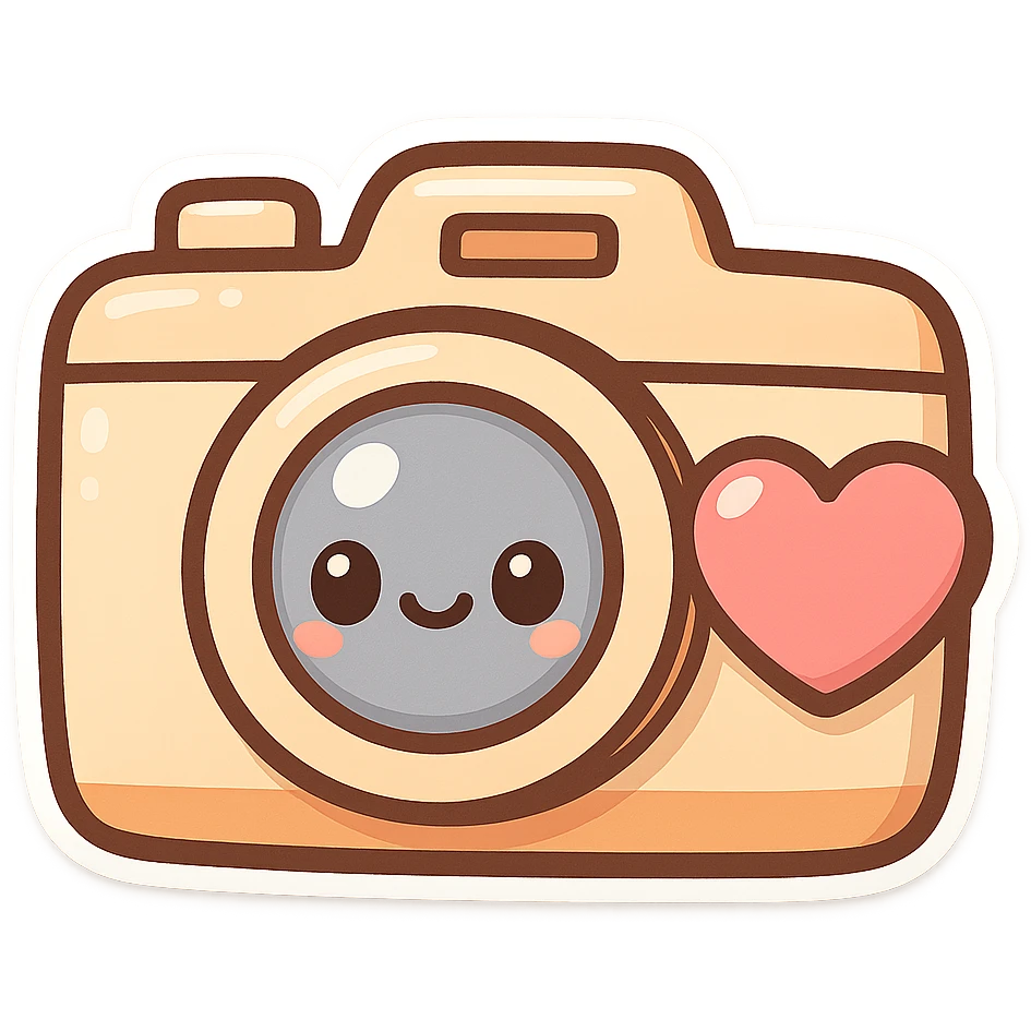 chibi sticker-style camera with a big heart, cute and exaggerated emoji