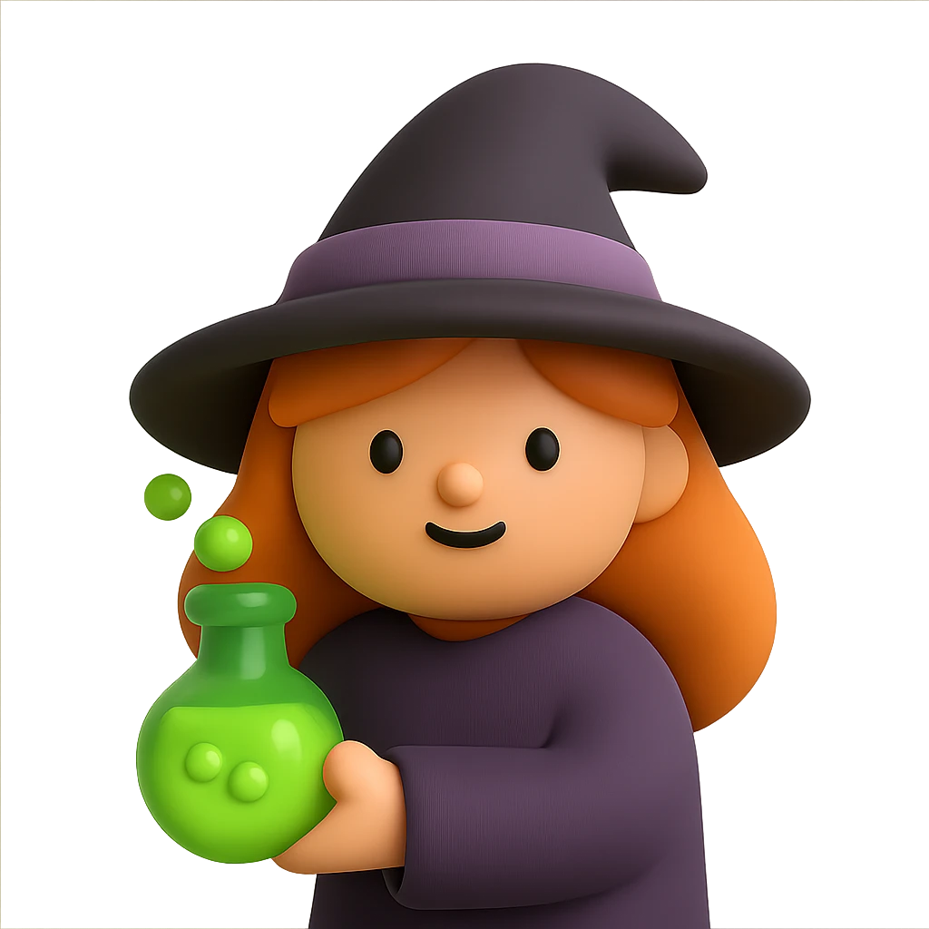 A witch holding a bubbling flask with bright green glowing potion emoji