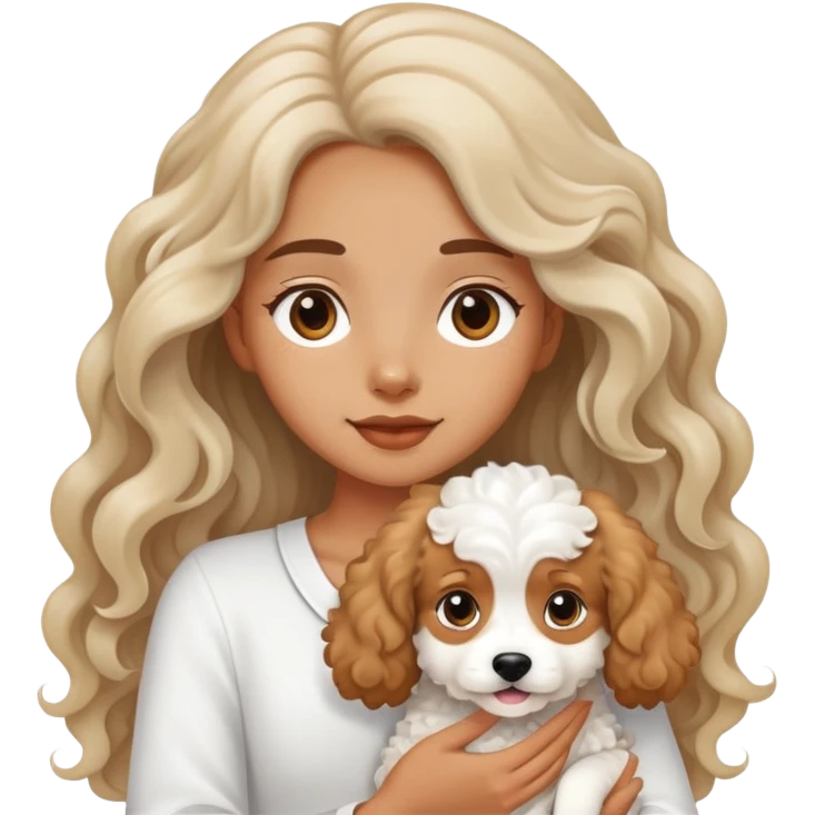 Long-haired girl holding a white curly dog emoji