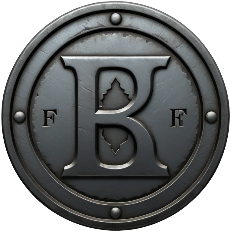 Minimal emoji, gothic metal coin made of black steel, engraved number f at the center, ancient industrial aesthetic, worn metal texture, no glow, no neon, flat emoji design, centered, transparent background emoji