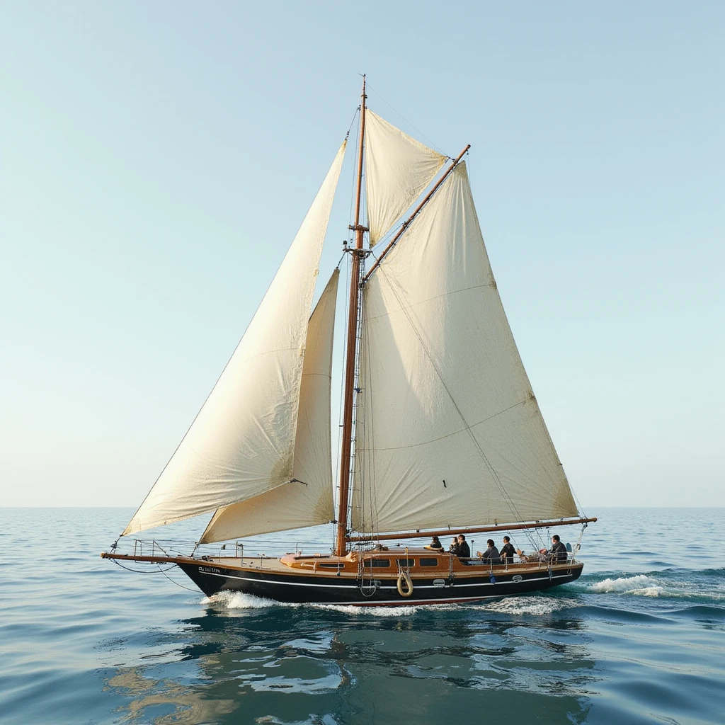 A realistic sailing scene with a boat on the water and detailed sails. emoji