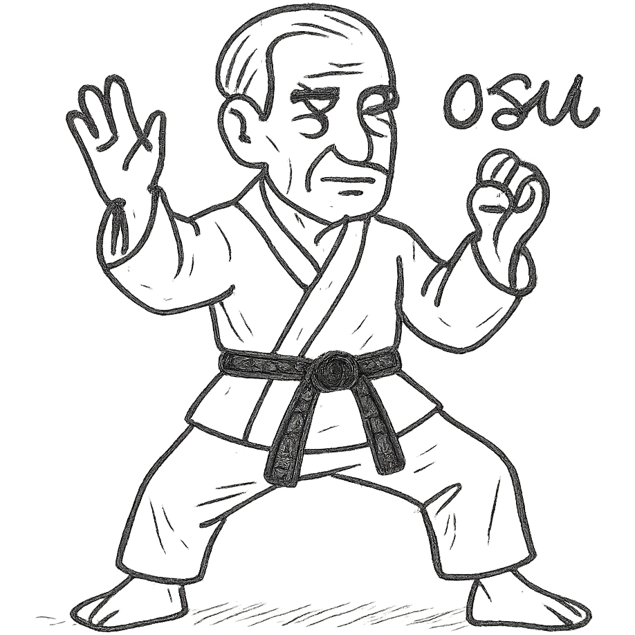 Make the karate fighter older with age lines and mature look, change to the 'osu' position, keep the white uniform, black belt, and 'osu' text in the same hand-drawn style. emoji