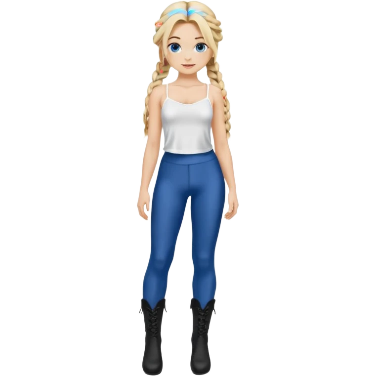 Blonde model silk balayage long hair half braids women with blue eyes wearing White Spaghetti top and black Leggins and Boots with heels emoji