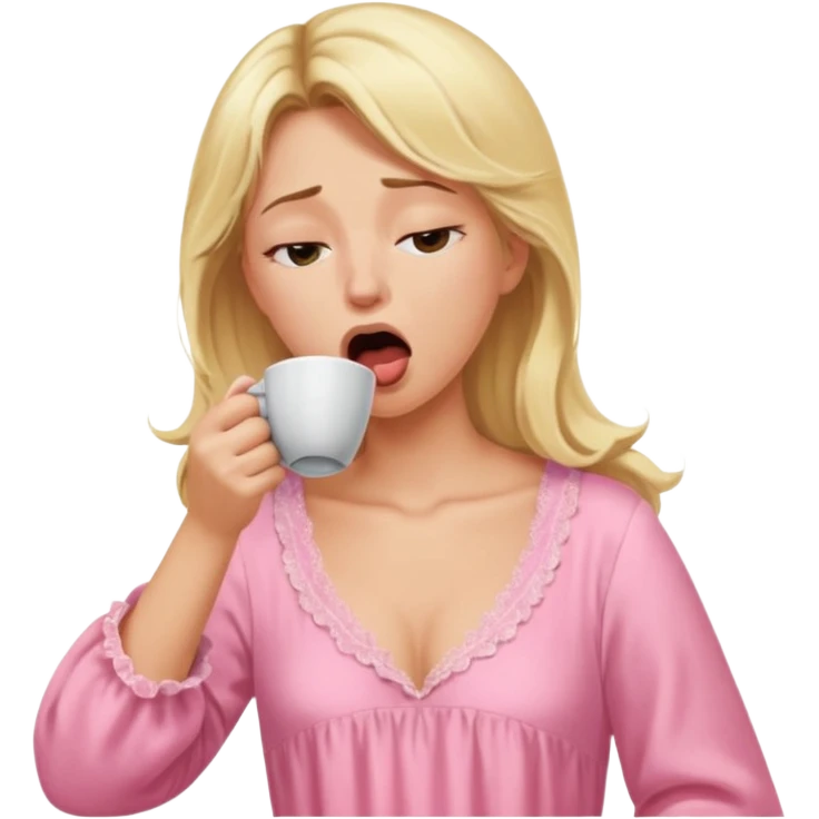 A blonde woman in a pink nightgown yawns, looking sleepy with dark circles under her eyes, drinking coffee, looking like she just woke up emoji
