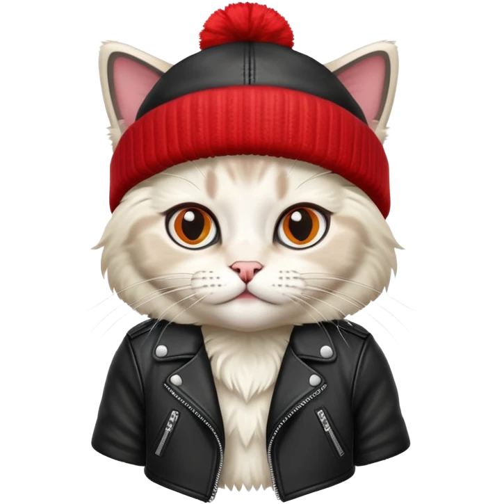 Ragdoll cat wearing a leather jacket and a beanie emoji