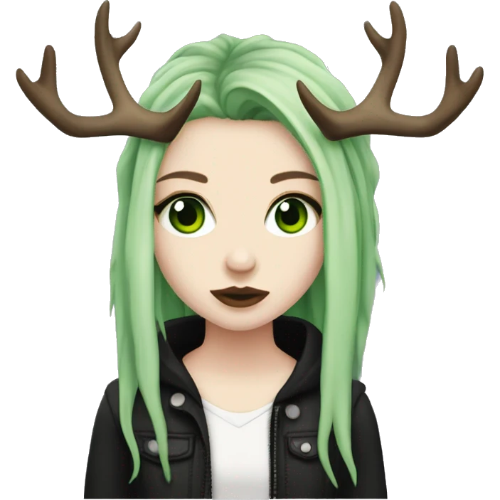 Girl with pale skin, green eyes, black dreadlocks, eyeliner, deer antlers, punk, grunge emoji