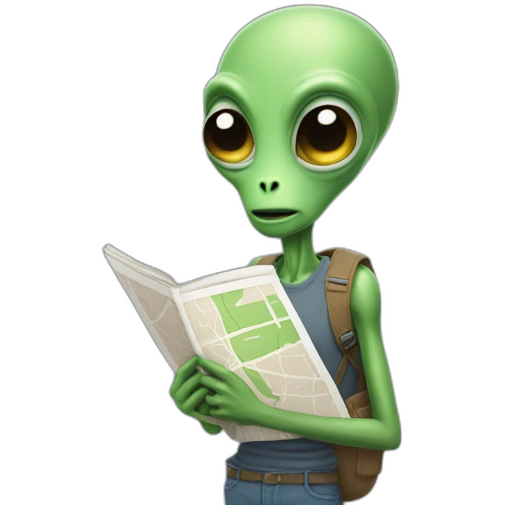 skinny tall alien wearing a fanny pack and holding a map emoji
