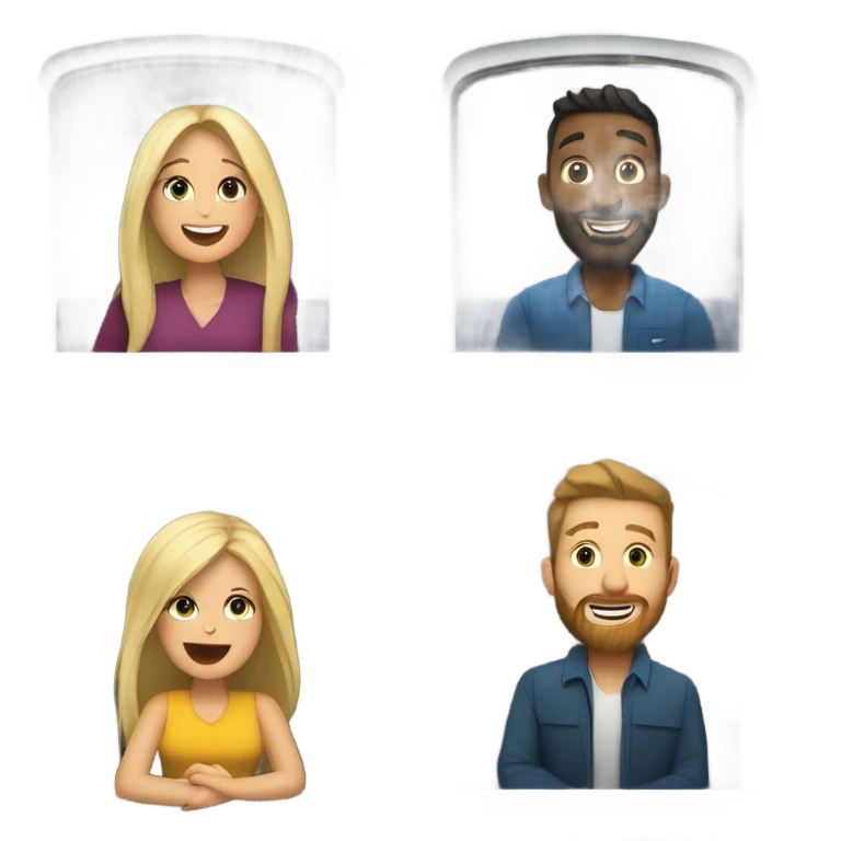A woman with long dark hair, a womanwith long blond hair, a bearded man with long dark hair and a man with short blond hair and sunglasses sitting in a booth on a train laughing  emoji