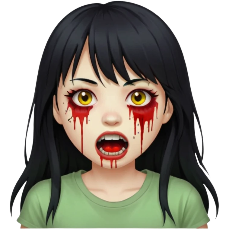 Garota de cabelo longo e preto com franja. com a pele esverdeada e ferimentos expostos cobertos com sangue. usa uma camiseta branca rasgada e suja. Está com a boca aberta e seus dentes estão amarelados. emoji