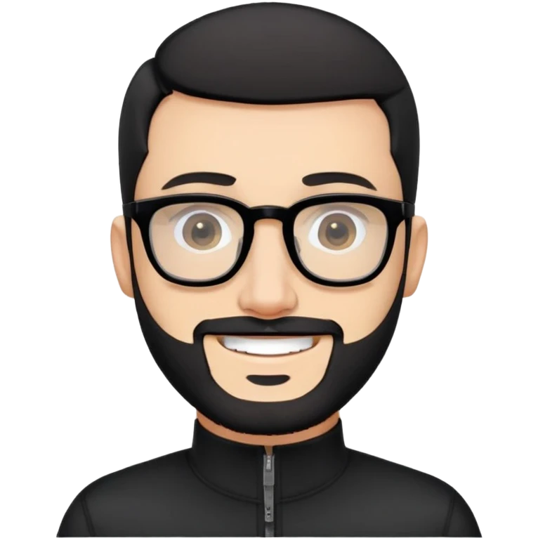 Fair-skinned man with almost buzz cut black hair (extremely short but not completely shaved), short salt and pepper beard, large black-framed glasses, smiling, wearing black long sleeve zip shirt at neck emoji
