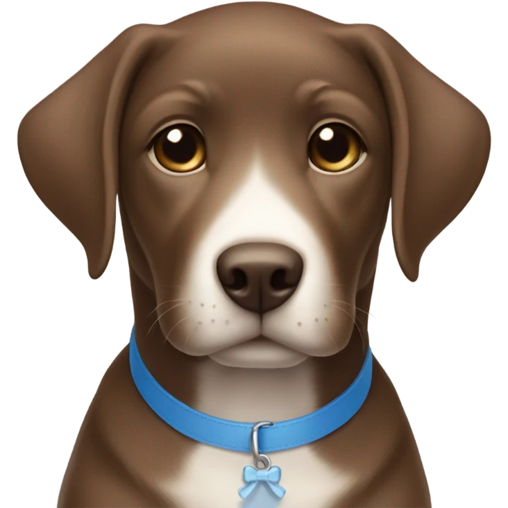 Brown lab puppy with small white patch on chest and subtle blue collar emoji