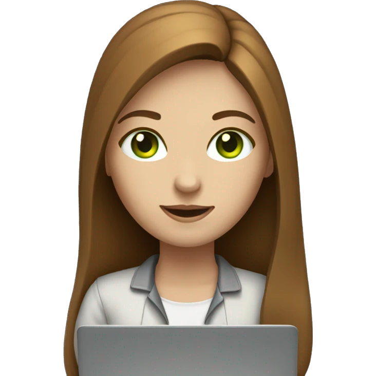 Female coder featuring a laptop. Shee has long brown hair, green eyes, white skin. emoji