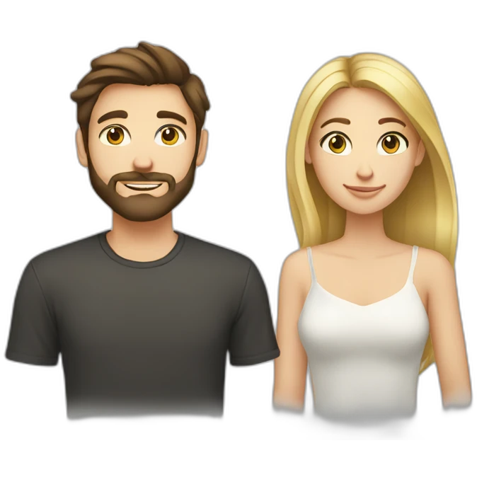 brunette 25 year old male with beard with blue eyed blonde 25 year old woman emoji