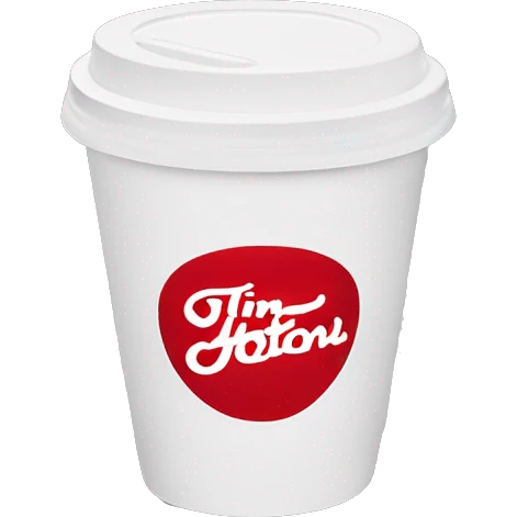 “Red Tim Hortons coffee cup with large white ‘Tim Hortons’ logo in script, black plastic lid, and a simple, clean design.” emoji