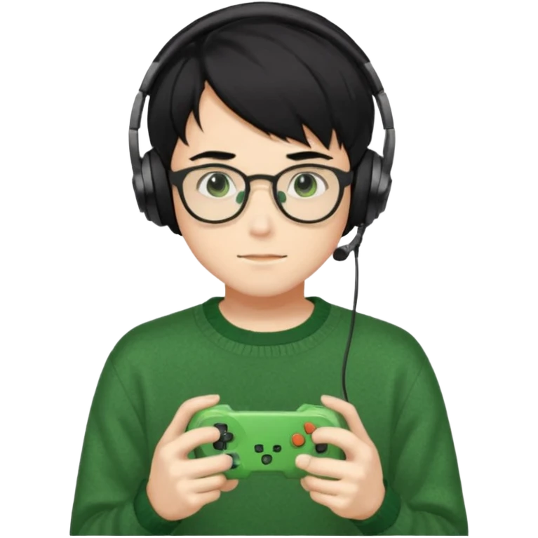 
gamer, Gorgeous green sweater black hair anime style shojo guy glasses, headphone, gamepad emoji