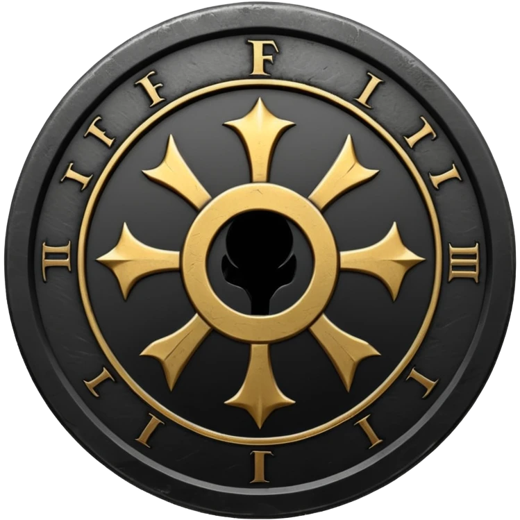 Minimal emoji, gothic metal coin made of black steel, engraved number FORTUNA at the center, ancient industrial aesthetic, worn metal texture, no glow, no neon, flat emoji design, centered, transparent background emoji