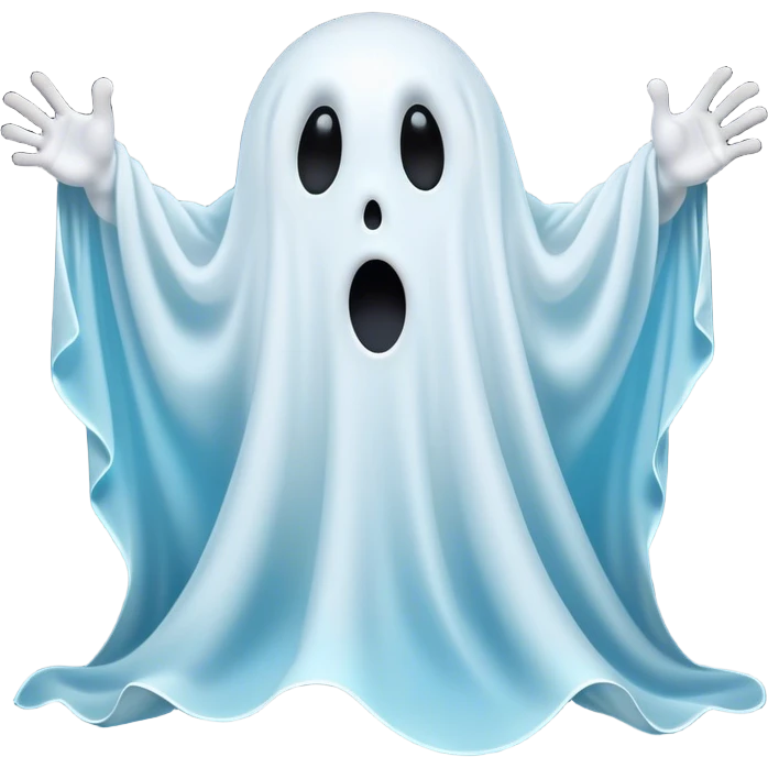 A hilariously exaggerated floating sheet ghost, its simple yet expressive form billowing with animated energy in vibrant whites and pale blues, with two wide, comically shocked eyes and a quirky, startled mouth, simplified yet overflowing with personality, highly detailed with a soft neon-like glowing outline, capturing the playful absurdity of a ghost caught off guard! emoji