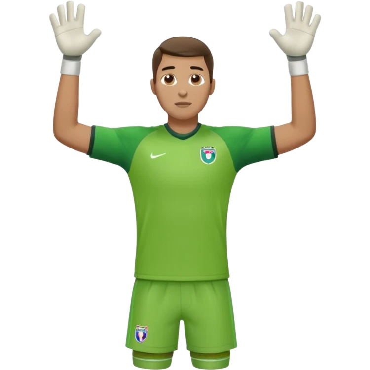 goalkeeper, standing, wearing a green shirt, shorts, socks and football boots, with arms raised emoji