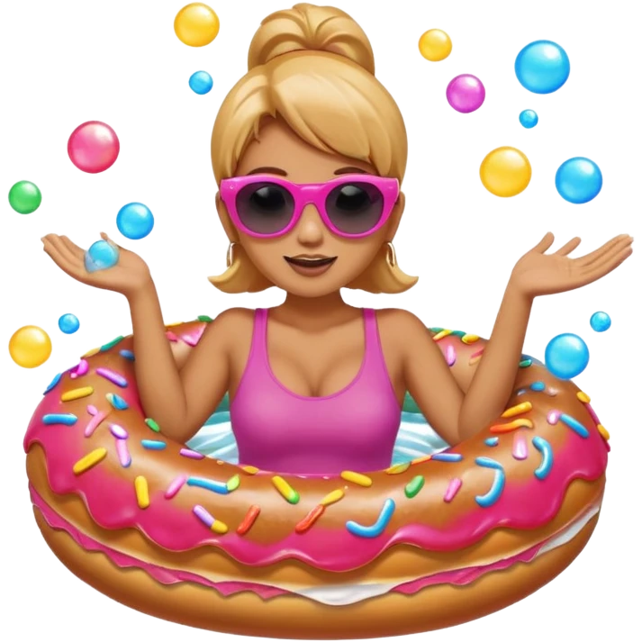 A woman riding a donut float, with bubbles popping all around her emoji