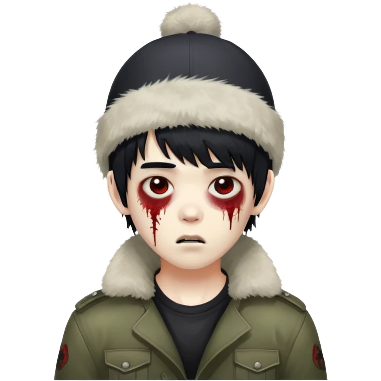 Asian zombie boy with ushanka, black messy hair with bangs  emoji