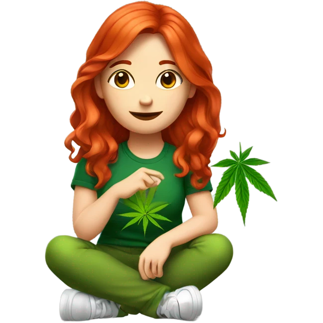 female vibrant red hair, sitting, holding marijuana leaf  emoji