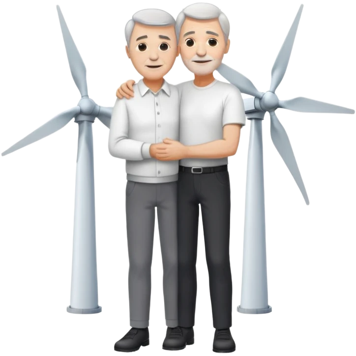 an older white man with grey hair and a white shirt and black pants , hugging a silver wind turbine emoji