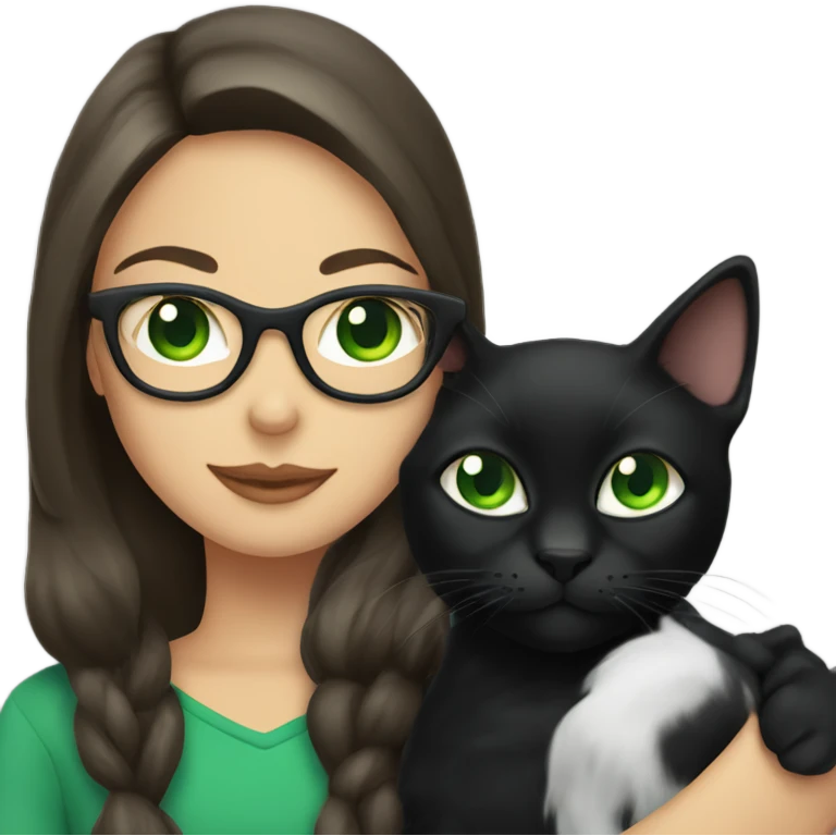 Black cat with green eyes holding by a brunette girl with glasses emoji