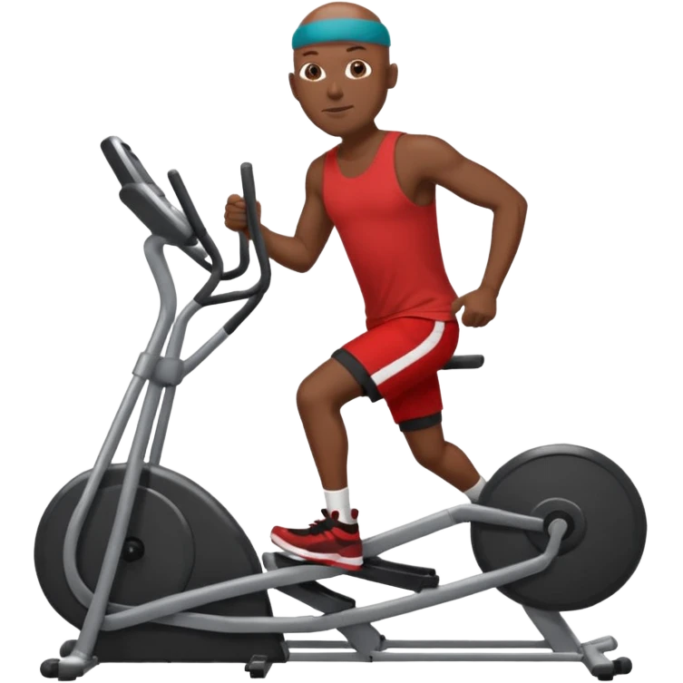 dark skin bald African American man on elliptical machine with red tank shirt and black shorts emoji