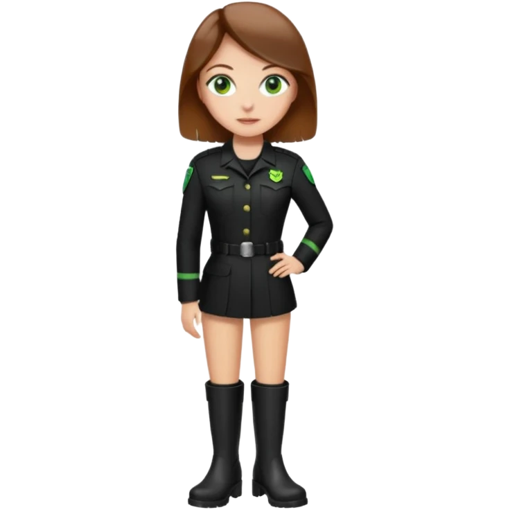 Create Dominatrix in total black uniform ,green eyes,brown hair and boots emoji