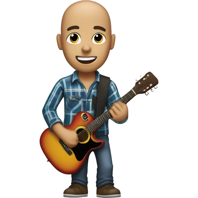 bald guy holding a guitar with a hat in his head and plaid shirt on rocking out emoji