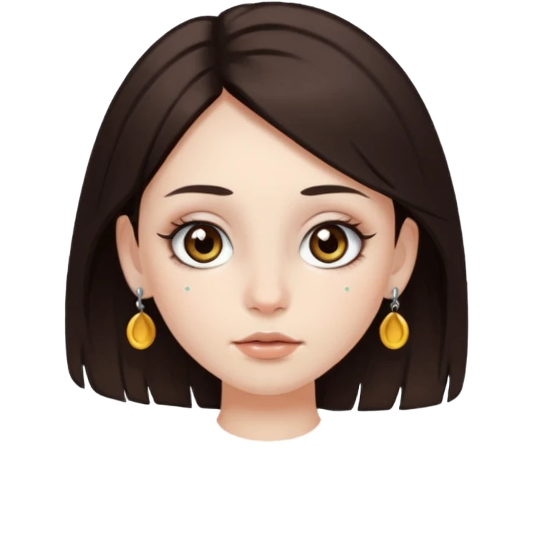 Chica con pelo medio largo y castaño oscuro, piel blanca, ojos hazel y pestañas largas, un piercing septum redondo pequeño  emoji