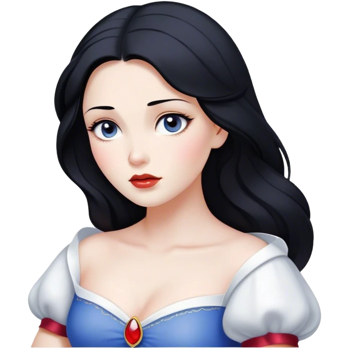 Cinematic Serene Snow White Portrait Emoji, rendered in a simplified vector style. Depict a gentle Snow White (chest and above) with flawless porcelain skin and flowing raven hair, her kind eyes and calm expression exuding a quiet, enchanting charm. The image glows softly with an inviting, pure light and is outlined with a subtle glow. emoji
