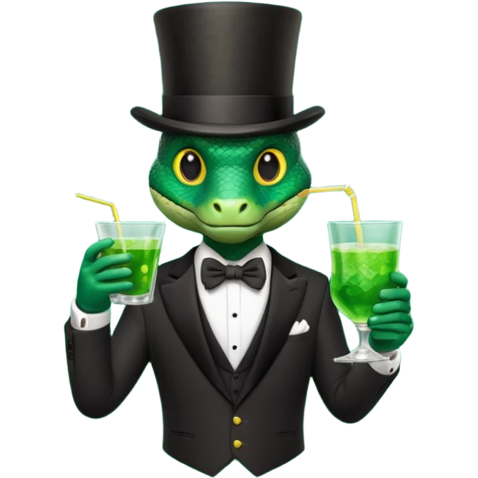 snake wearing suit, bowtie and top hat, holding a glass of green drink emoji